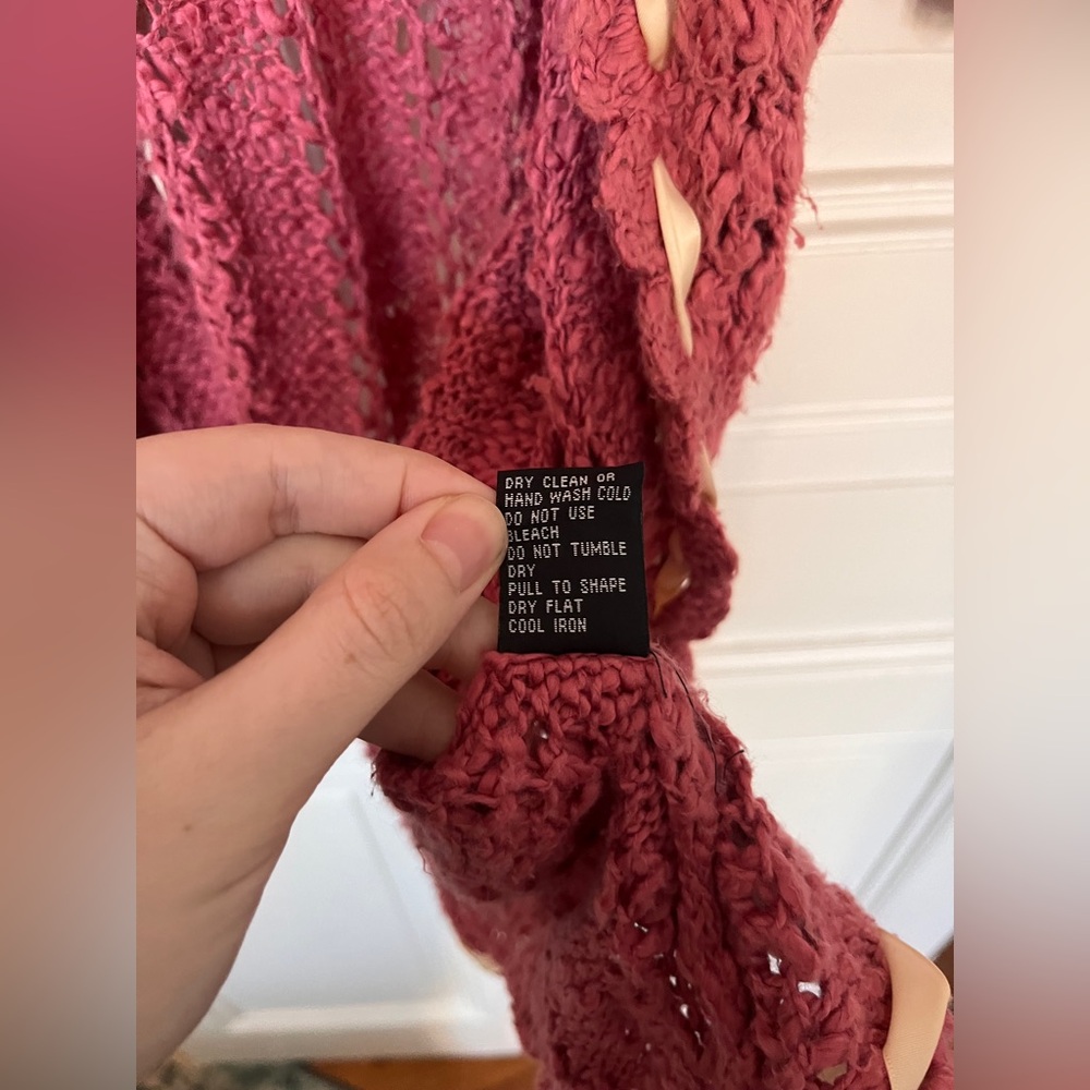 Betsey Johnson Vintage Pink Long Cardigan with Lace Ribbon Crochet Knit - Picture 6 of 8